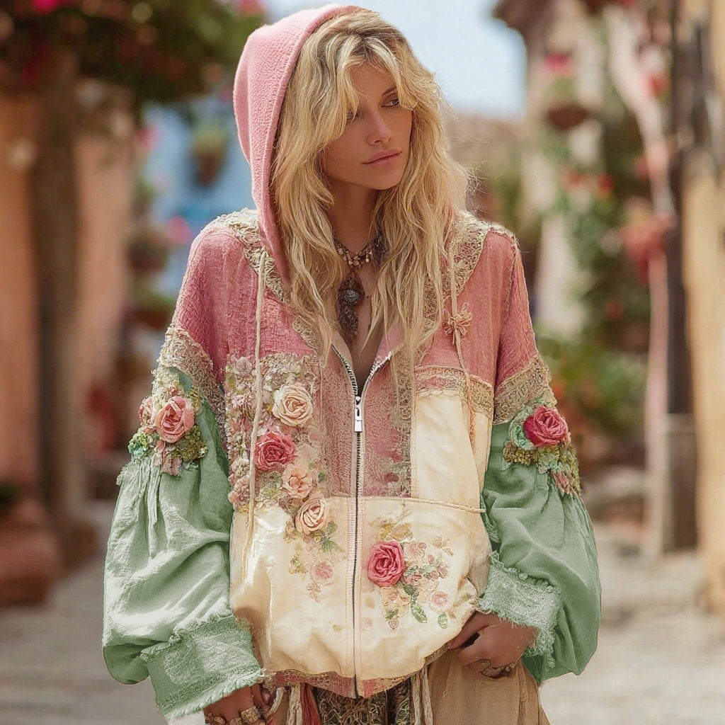 Women's Floral Embroidery Color Block Boho Casual Zip-up Hoodie