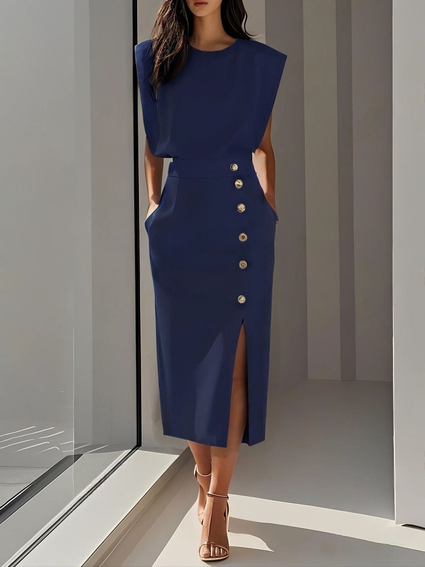 Women's Elegant High-Waist Sleeveless Maxi Dress - Professional Side Button Slit Work Dress - Quiet Luxury Chic Mid-Calf Dress
