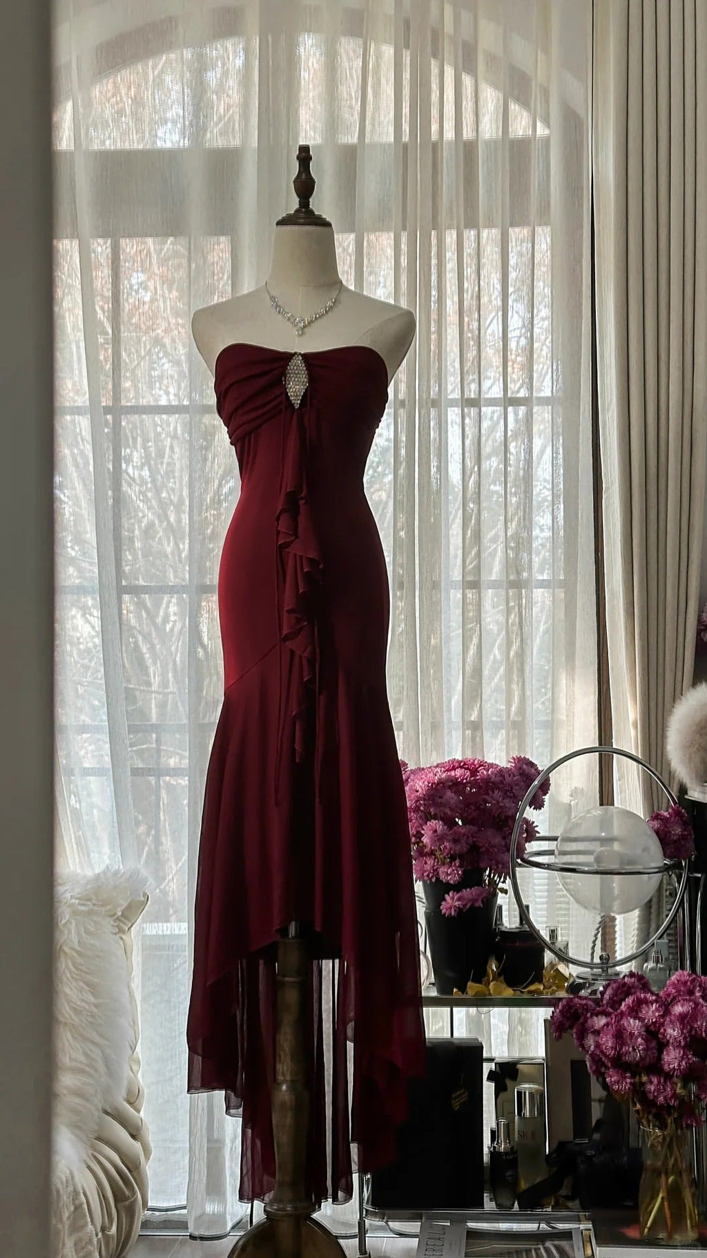 Burgundy Vintage Evening Dresses, Sleeveless Long Party Gowns  25510