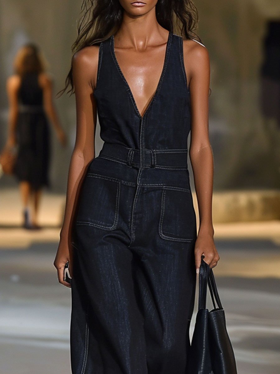 [24-hour shipping out]V-Neck Retro Casual Loose Sleeveless Wide-Leg Denim Jumpsuit
