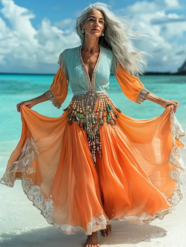 Summer vacation fashion elegant contrast color dress e9f7