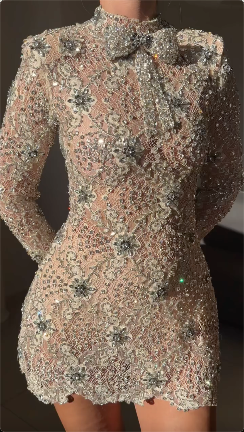 Nude Rhinestone Floral Lace High Neck Long Sleeve Mini Dress