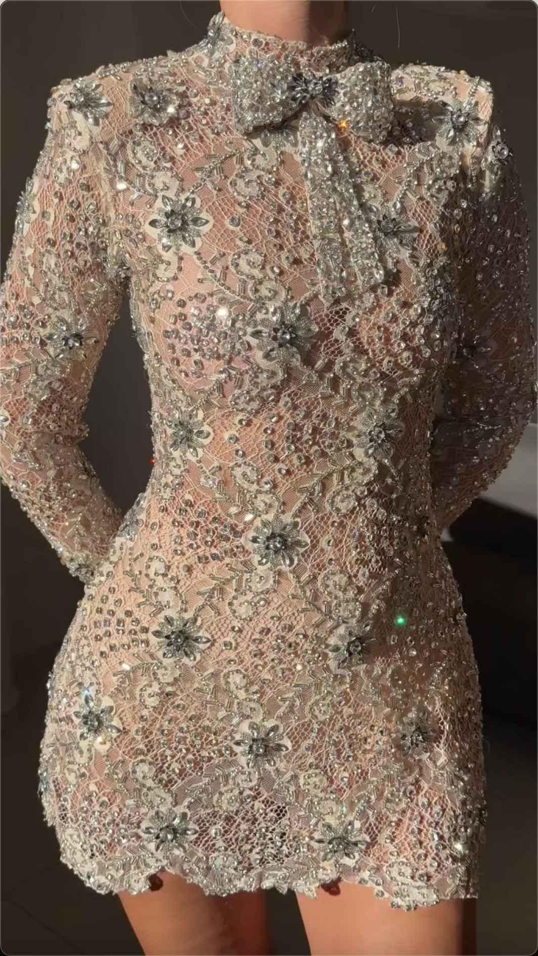 Nude Rhinestone Floral Lace High Neck Long Sleeve Mini Dress