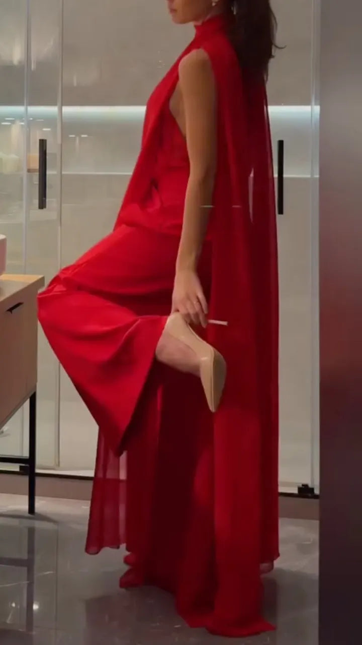 Halter-Neck Chiffon Jumpsuit + Matching Flowy Long Shawl Set