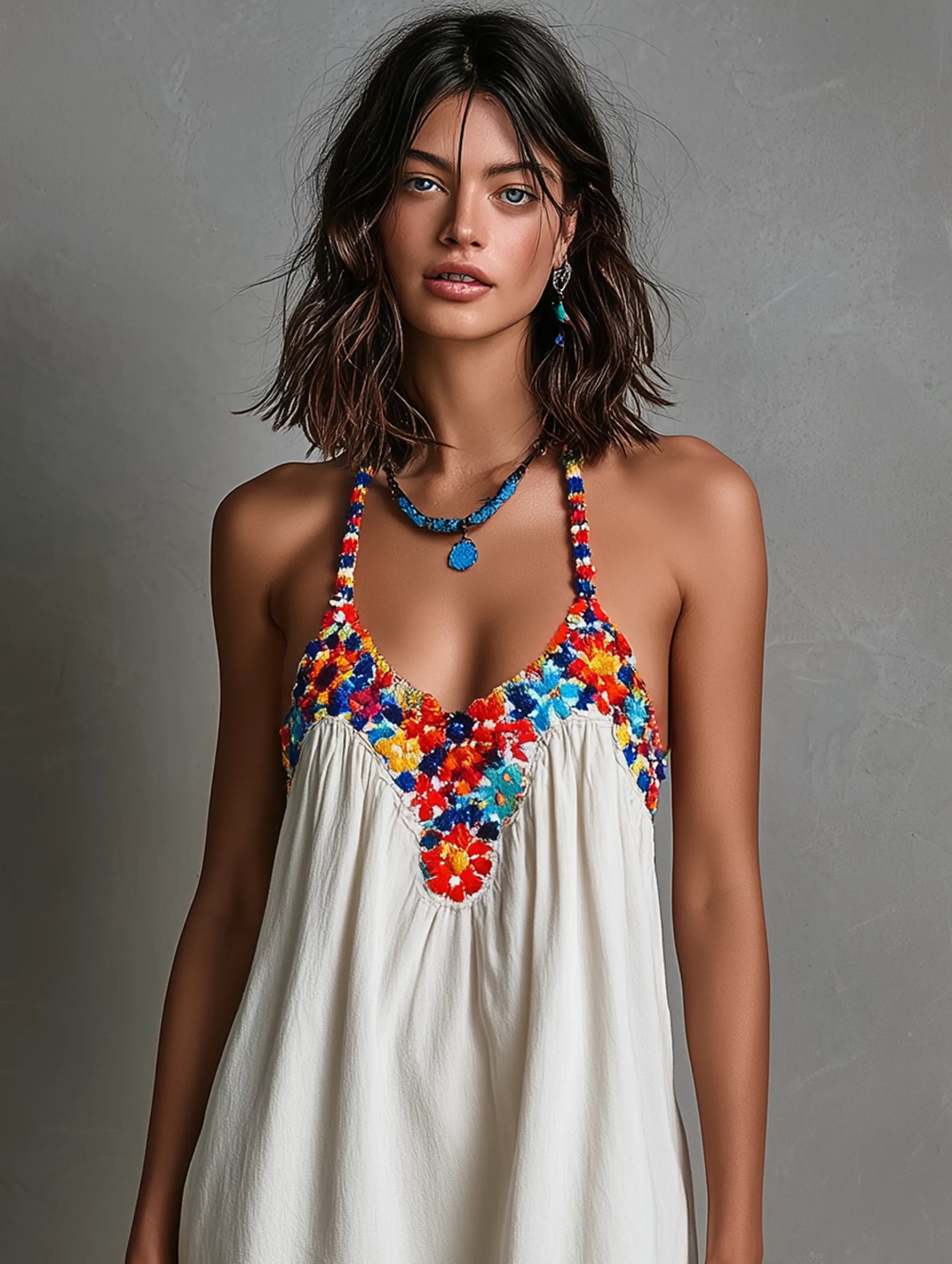 Women's Minimalist Colorful Embroidered Spaghetti Strap Mini Dress MDZ1225B1Y