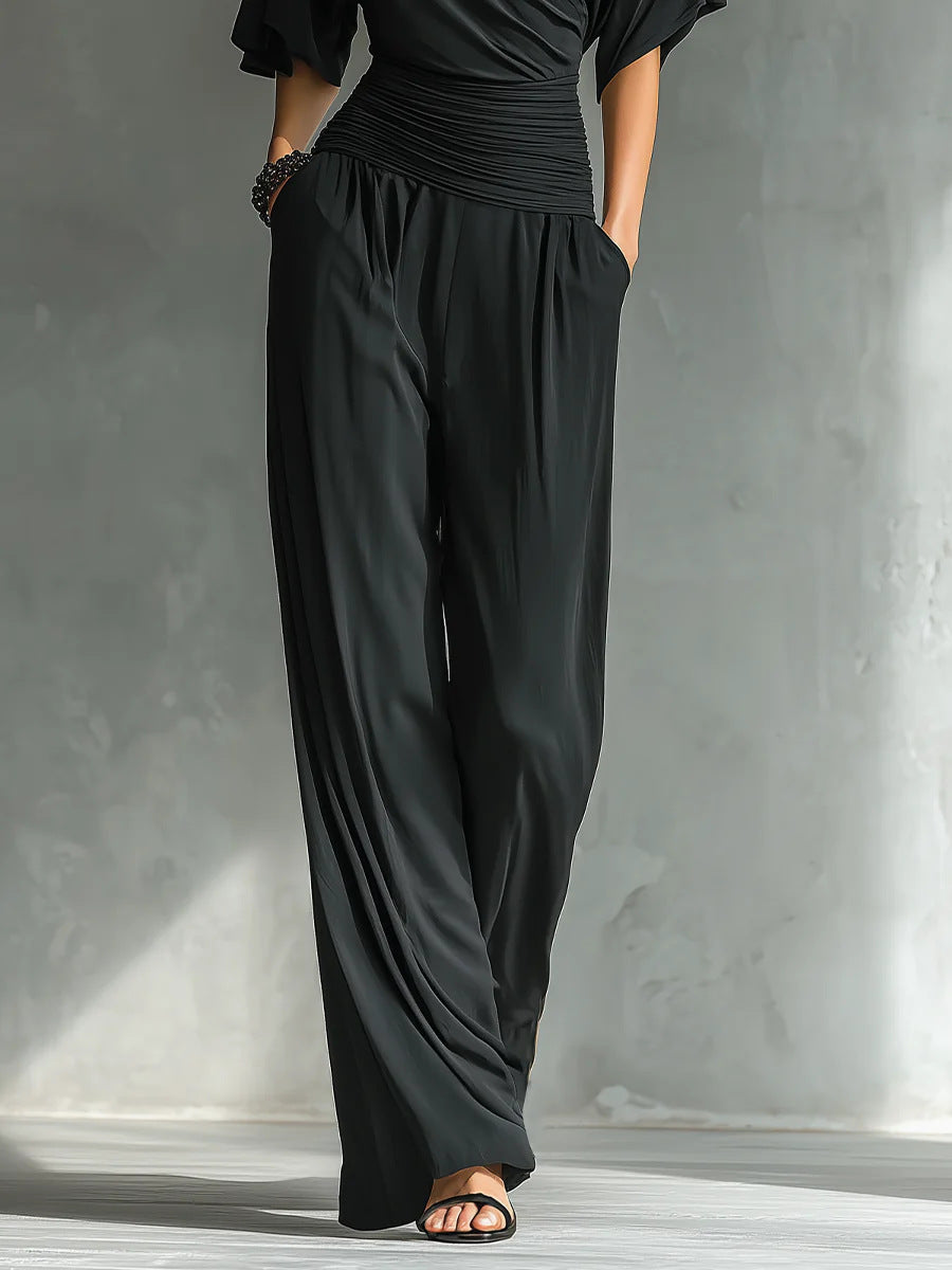 French Chic Wrap V-Neck Jumpsuit - Elegant Ruched Waist Wide-Leg Romper with Shoulder Cut-outs