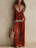 Boho Chic Velvet Lace-Trim Halter Wide-Leg Rust Two-Piece Set