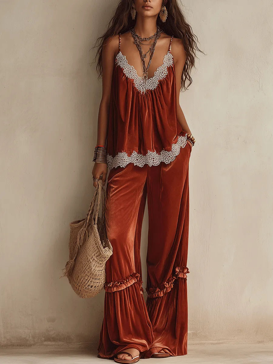 Boho Chic Velvet Lace-Trim Halter Wide-Leg Rust Two-Piece Set