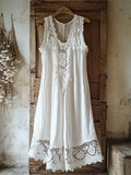 Vintage Floral Hollow Lace Patchwork Linen Tank Dress