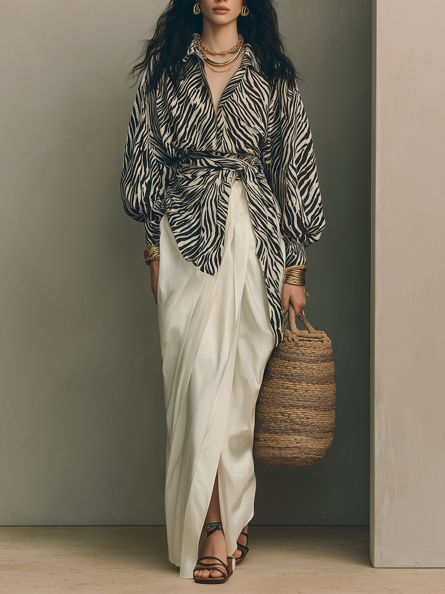 Elegant Zebra Print Wrap Blouse & Ivory Draped Skirt Set