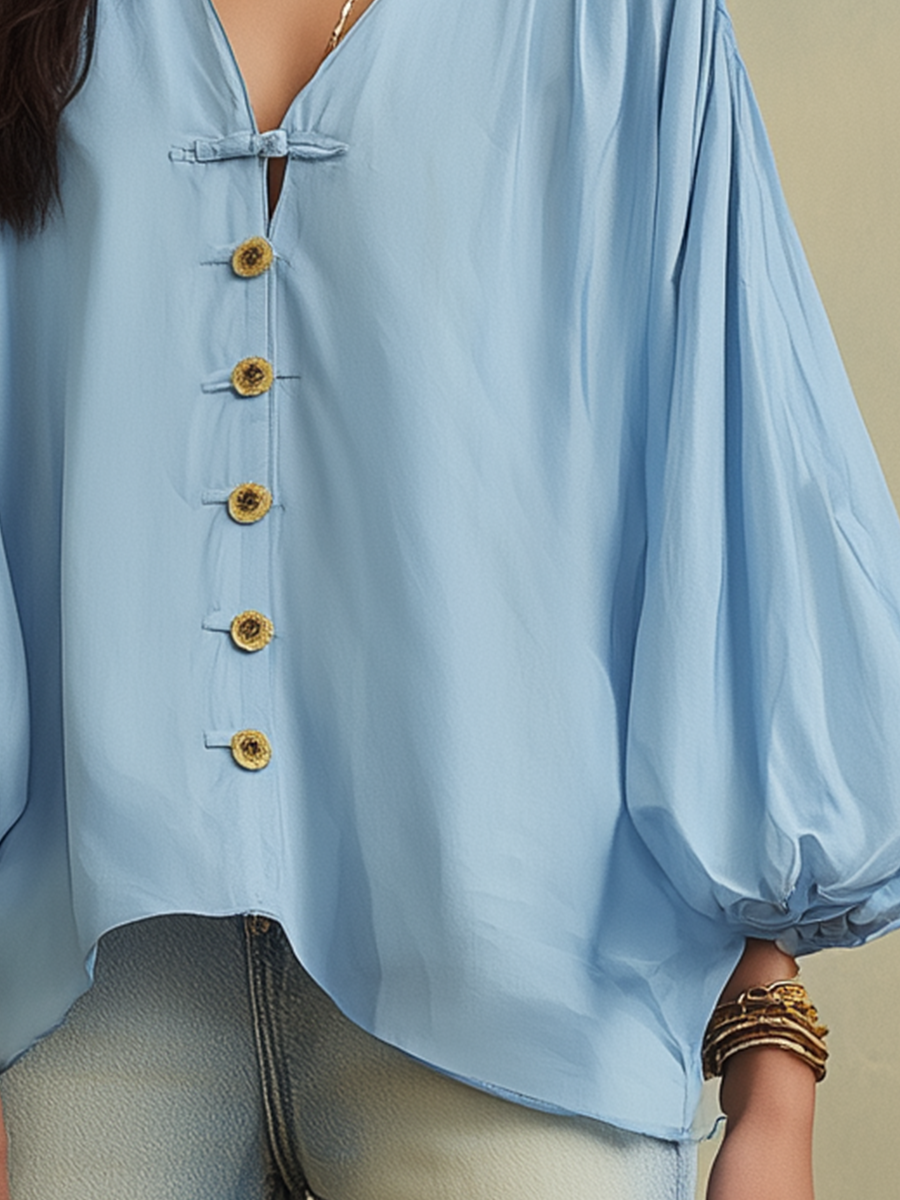 Casual Blue Button Front Blouse
