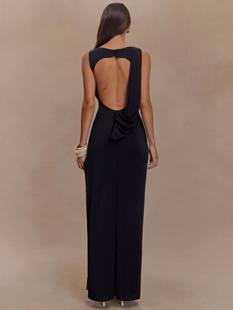 Delara Ivory Ruched Maxi Dress – Elegant Sleeveless High Slit Evening Gown for Summer Events-  Ivory, Black, Blue