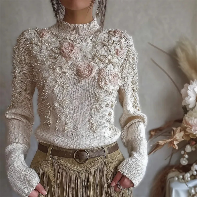 Classy Roses Pearls Beaded Turtleneck Cozy Knit Sweater