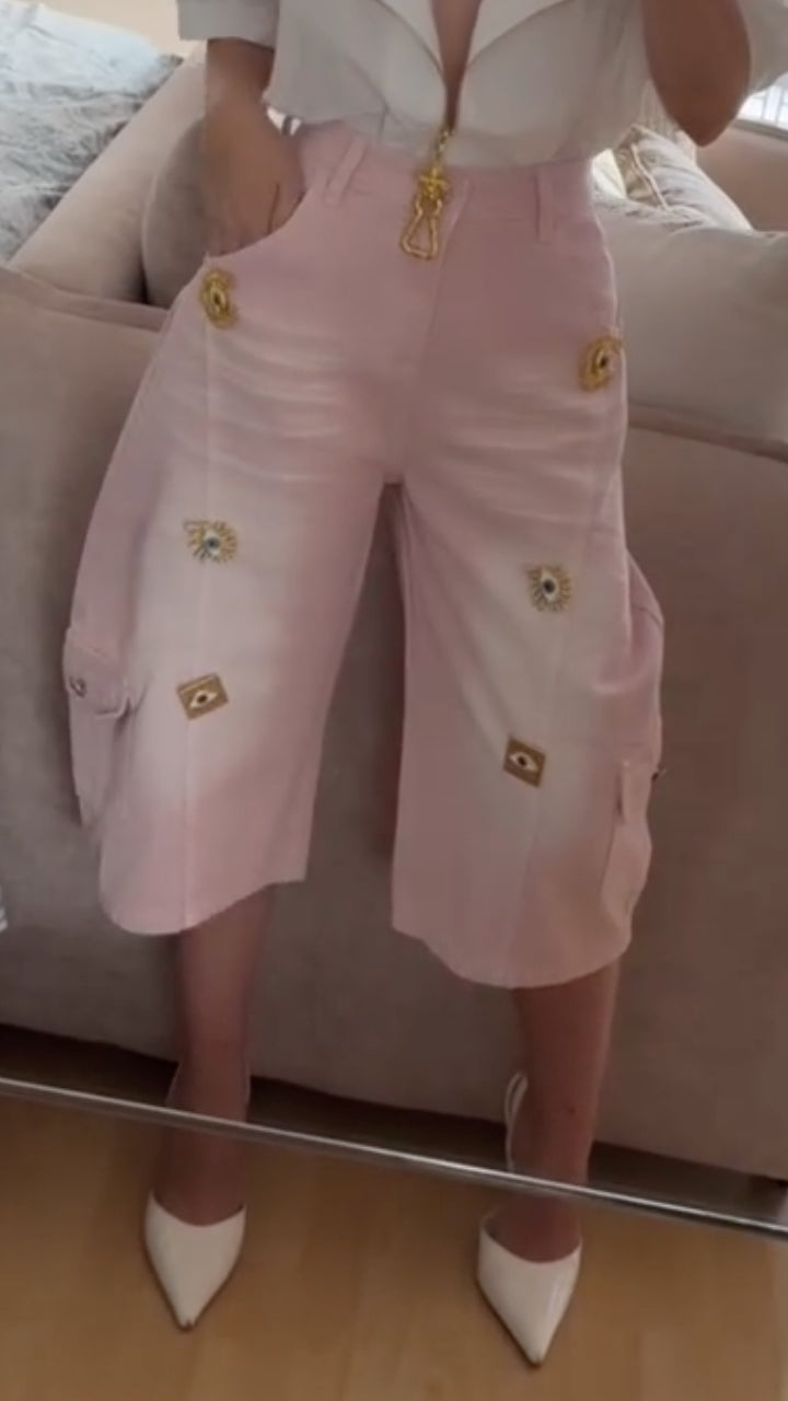 Puff Sleeve Top /Pink Eyelet Culottes