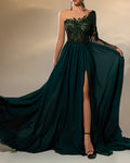 rhinestone one-shoulder chiffon dress - 01