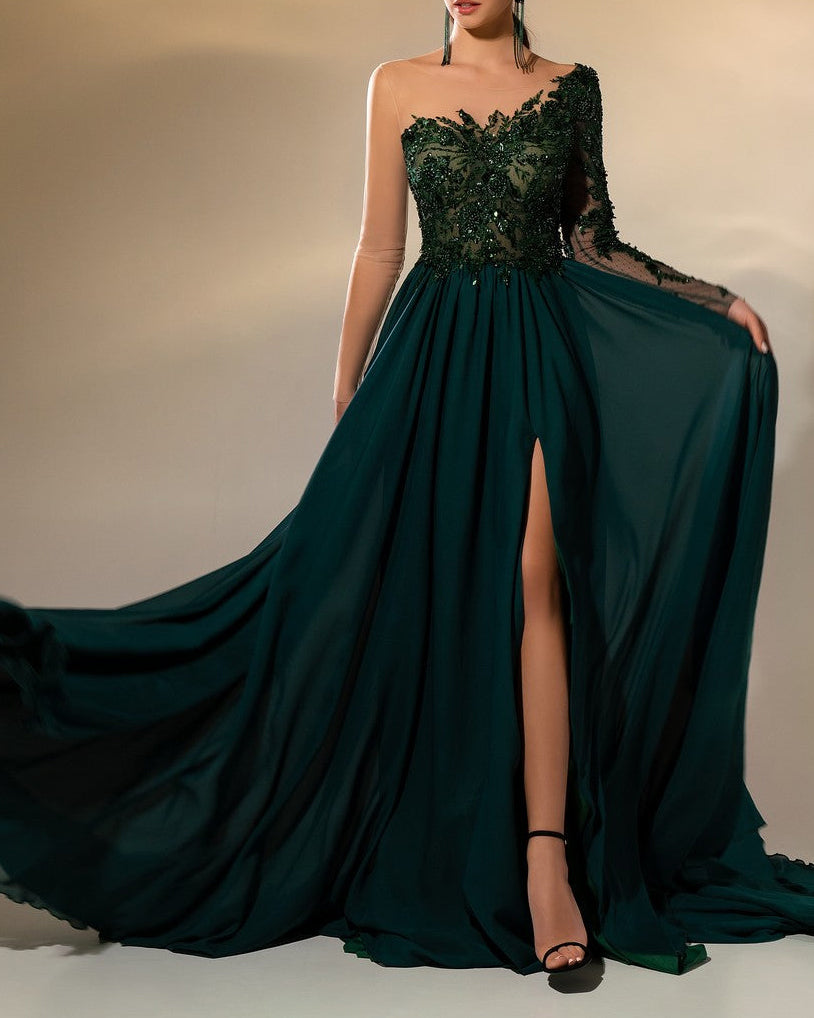 rhinestone one-shoulder chiffon dress - 01