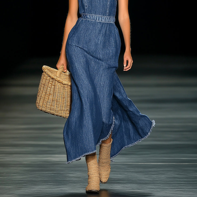 Elegant Strapless Denim 3D Floral Maxi Dress