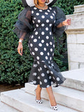 Round-Neck Puff Sleeve Mesh Polka-Dot Falbala Wrap Midi Dress