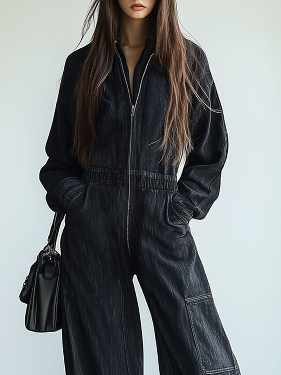 [24-hour shipping out]Casual Loose Retro Denim Zipper Elastic Waist Lapel Long Sleeve Jumpsuit