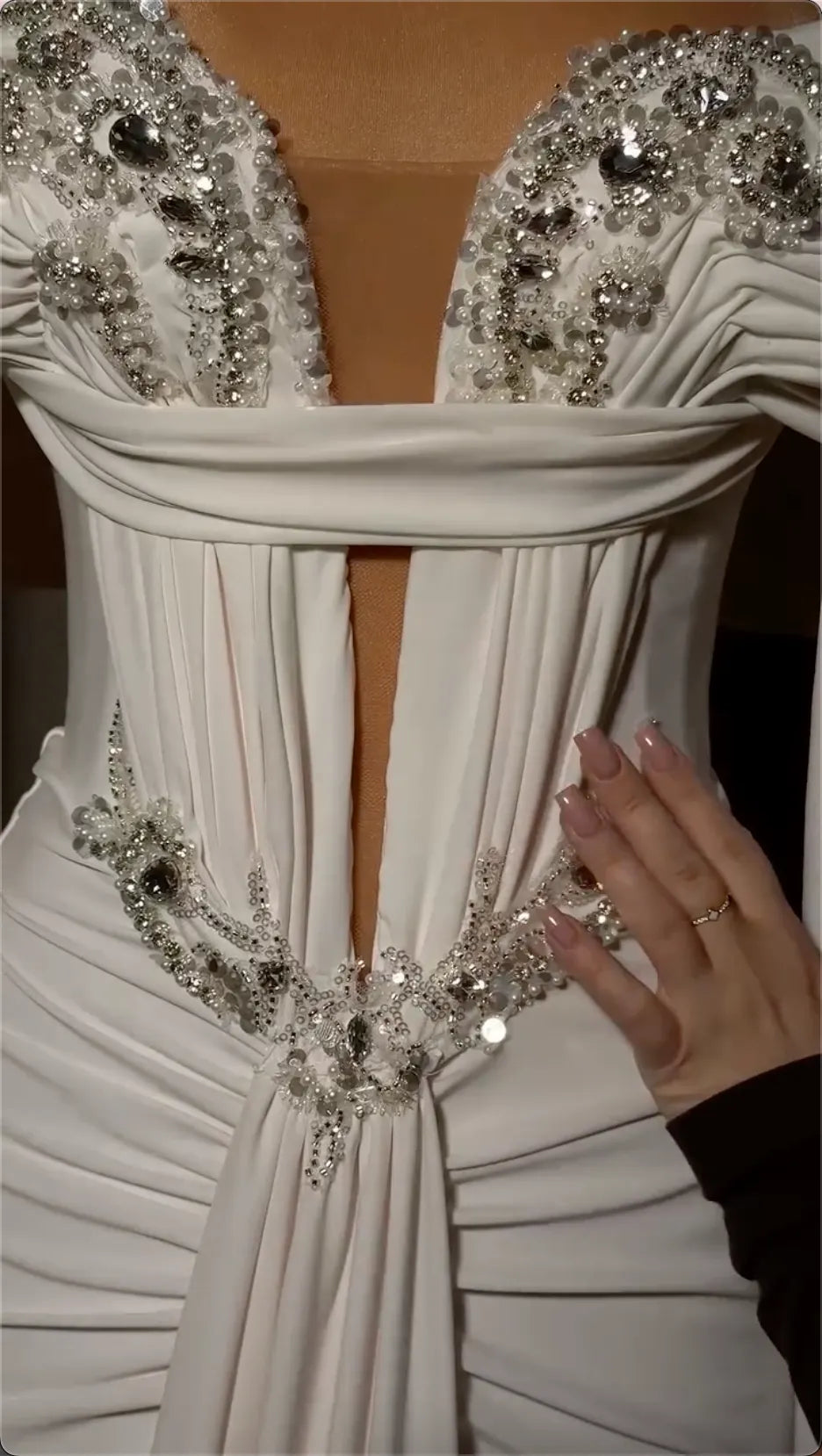 Off Shoulder Draped Ruched Rhinestone Applique Maxi Evening Gown, White Deep Cut Hollow Mermaid Formal Dress