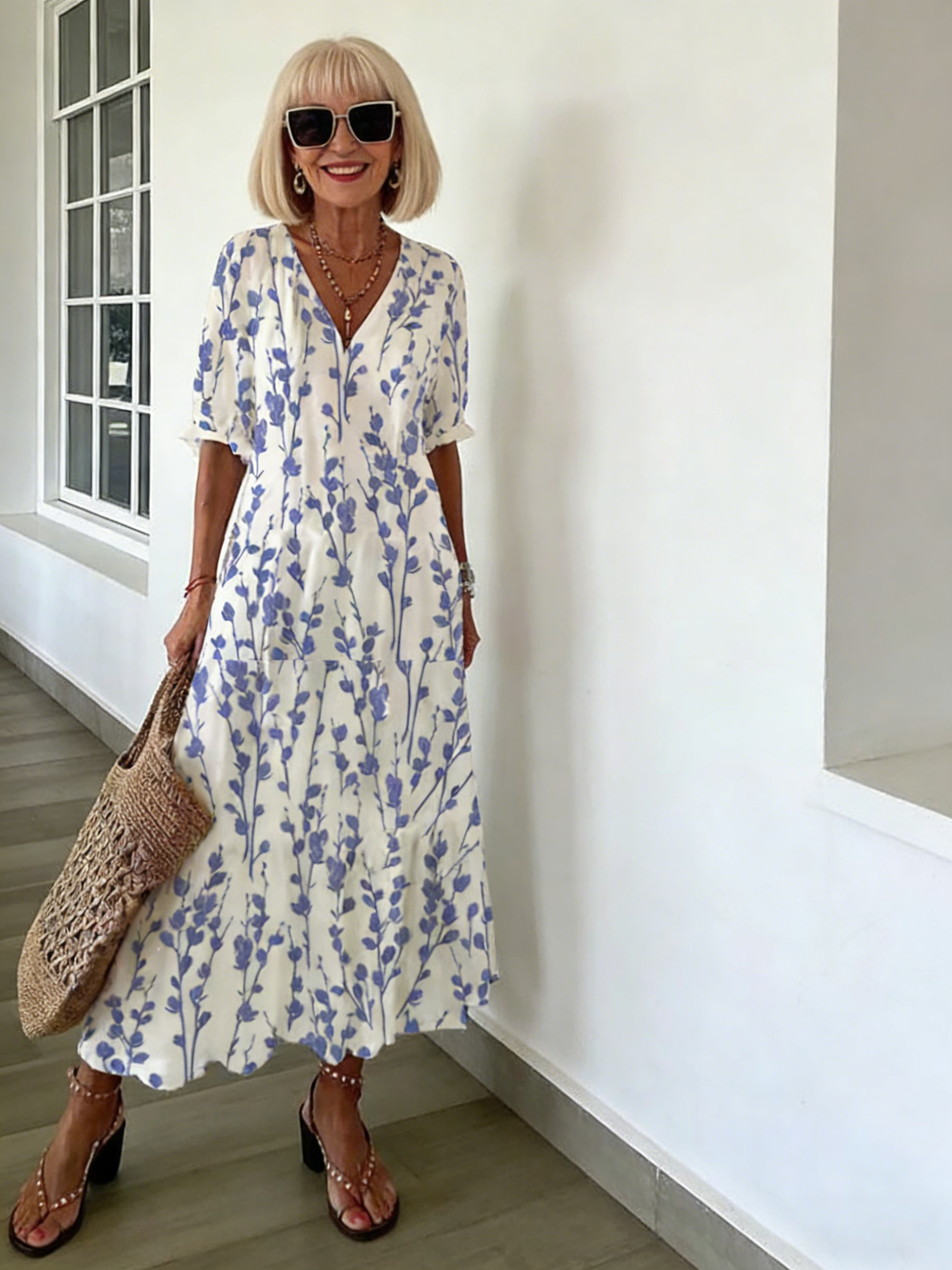 Half Sleeve Floral Print Summer Fall V Neck Casual Geometric Printed Dress