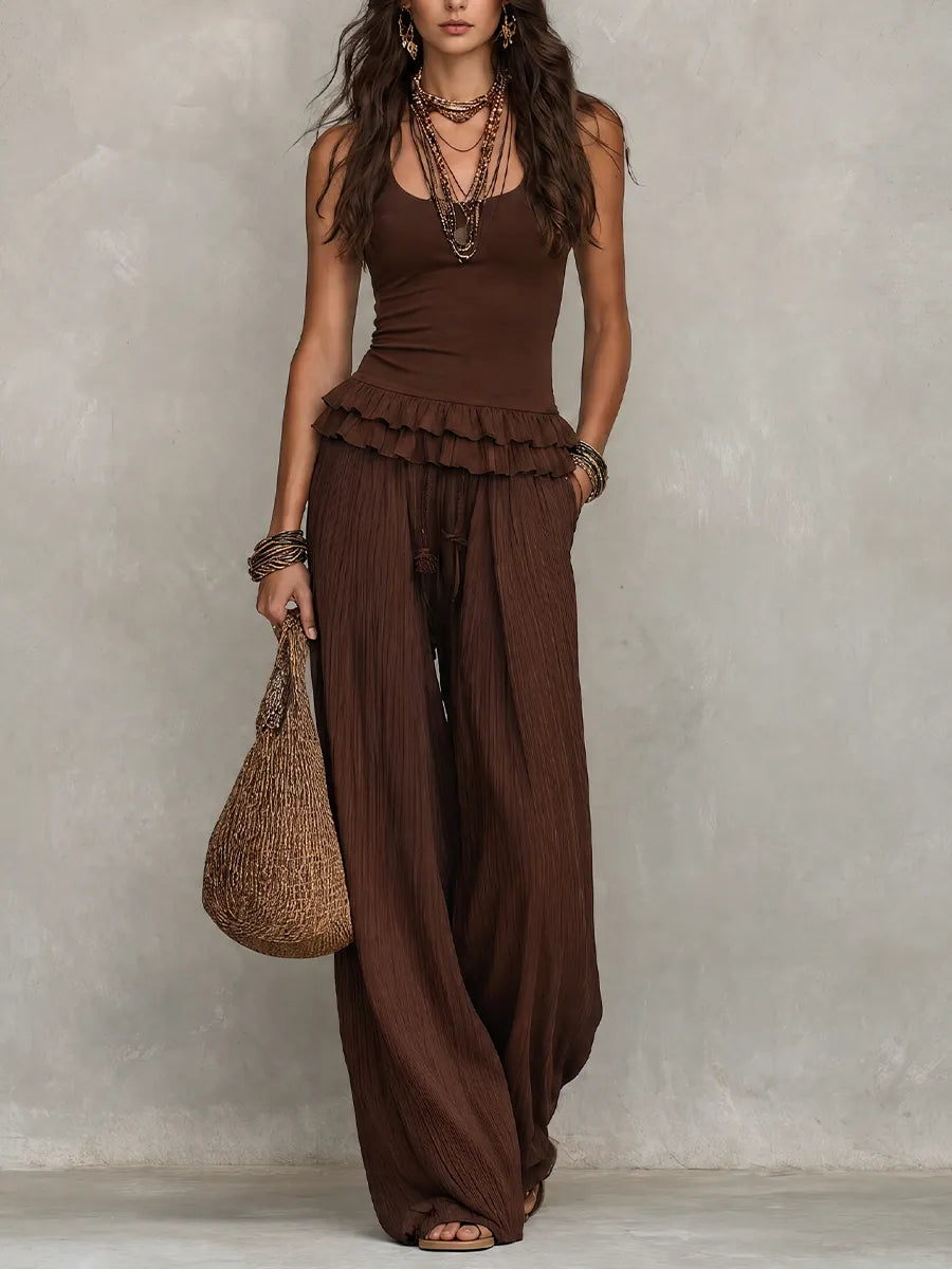 Resort Chocolate Brown Ruffled Waist Lounge Set