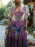 Viking Tree Of Life Boho Floral Embroidery Women's Linen Short Sleeve Flowing Maxi Dress
