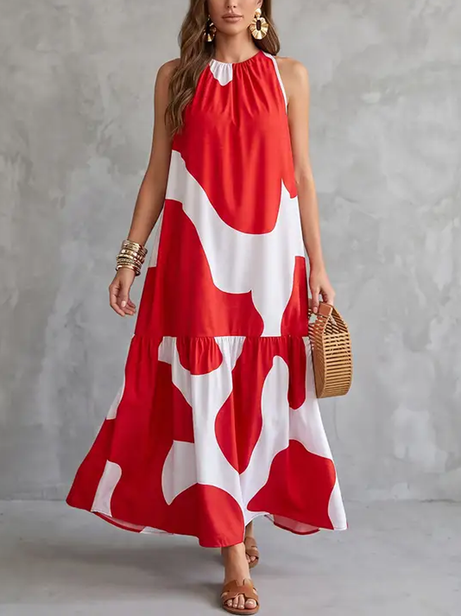 Tiered Split-Joint Printed Elasticity Contrast Color Sleeveless Loose Round-neck Maxi Dresses