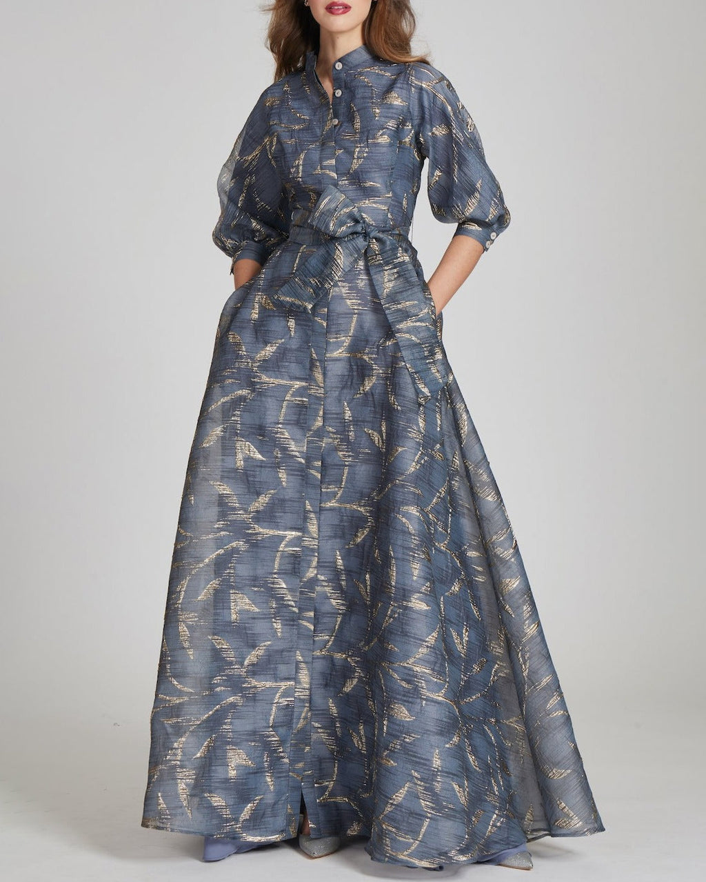 Women's Organza Jacquard Bow Shirt Maxi Satin Dress - 01