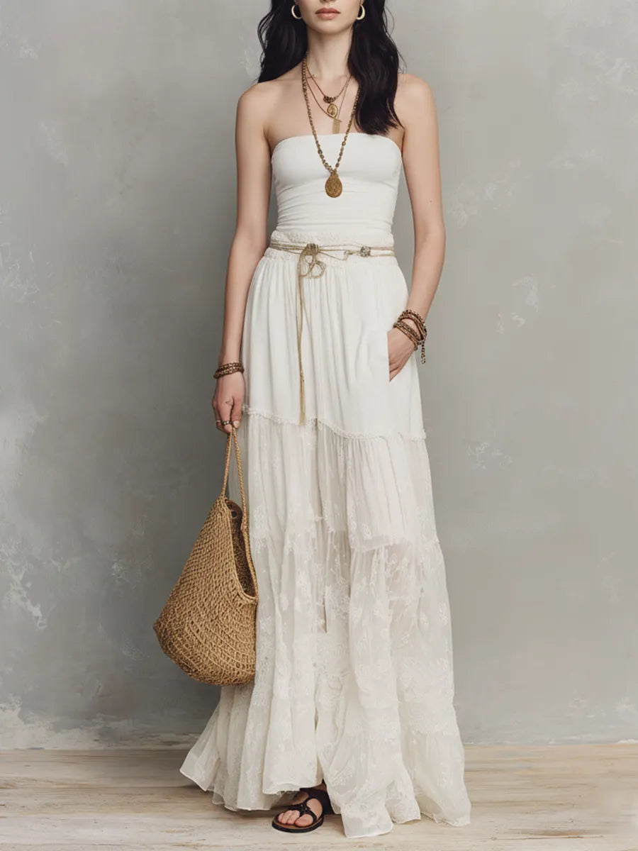 Black Sheer Duster & Ivory Lace Tiered  – Modern Bohemian Elegance Maxi Skirt