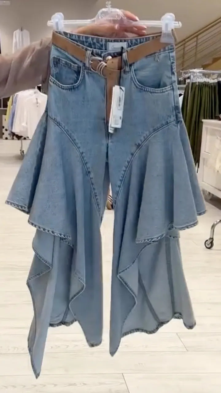 Light Wash Flared Ruffle Hem Denim Pants