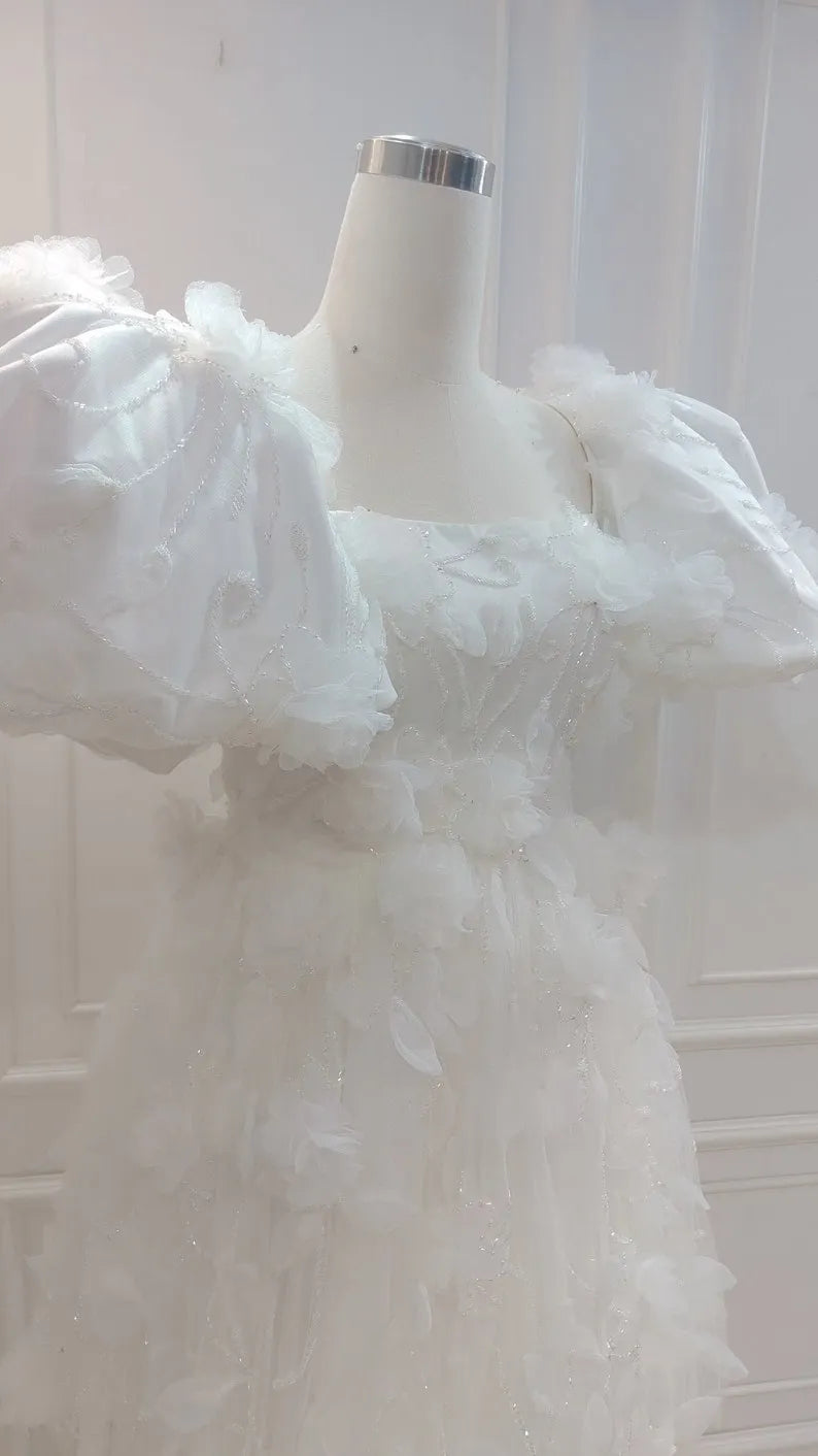 Custom short wedding dress for the bride. Beaded wedding dress with beautiful fabric. Puffy  sleeve short wedding dress.
