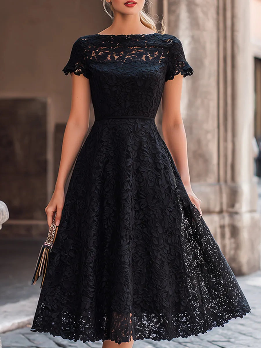 Elegant Floral Lace Boat Neck A-Line Midi Dress