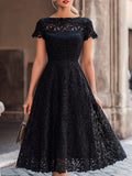 Elegant Floral Lace Boat Neck A-Line Midi Dress