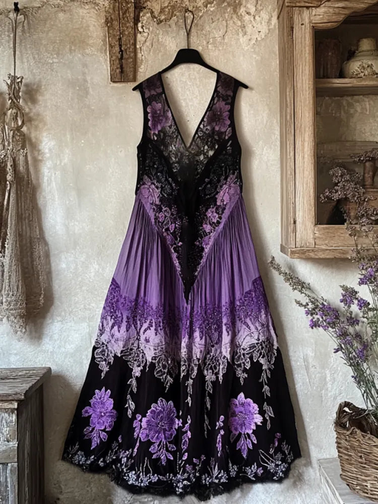 Bohemian Lavender Embroidery Patchwork Art Sleeveless  Cozy Linen Maxi Dress