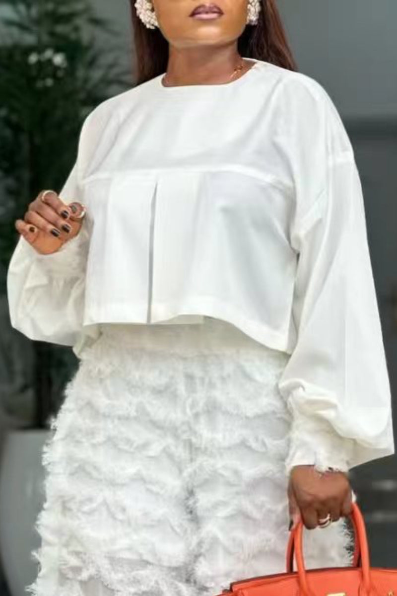 White Lantern Sleeve Top & Feather Tassel Wide-Leg Pants Set