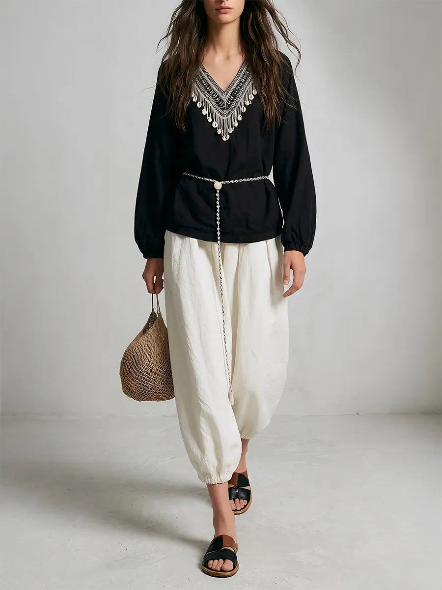 Ethnic Beaded V-Neck Blouse & Cinched-Hem Balloon Pants Set