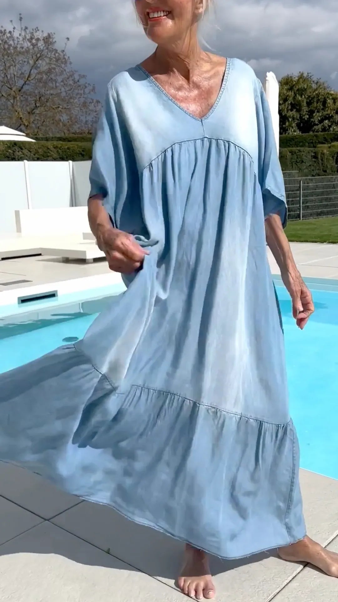 Light Wash Denim Tiered Maxi Dress