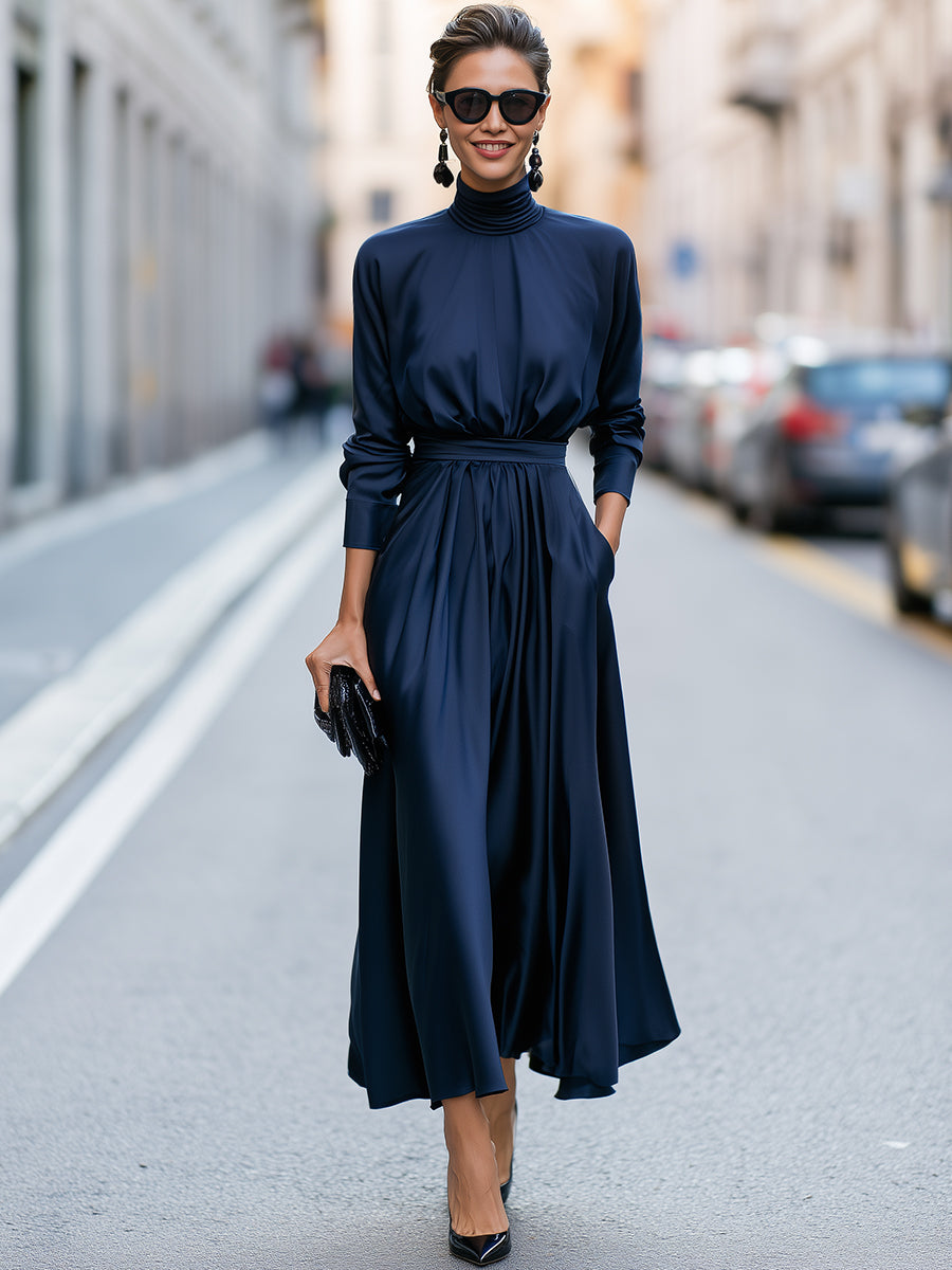 High Neck Gathered Waist A-Line Maxi Dress