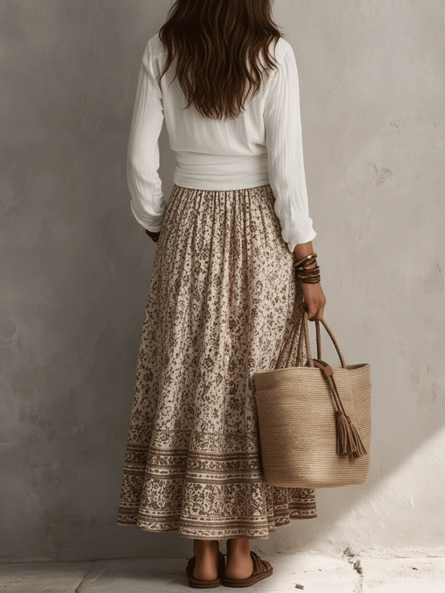 Effortless Coastal Romance Tie-Front White Shirt & Boho Maxi Skirt Ensemble
