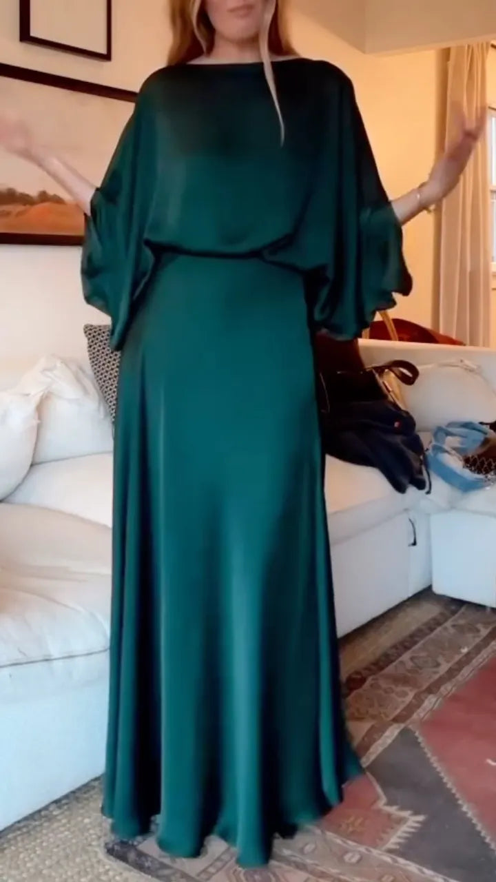 Emerald Green Satin Off Shoulder Waist-Tied Wide Leg Two Piece Set
