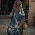 Vintage Floral Embroidered V Neck Casual Maxi Dress