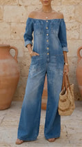 Blue Denim Off-Shoulder Jumpsuit