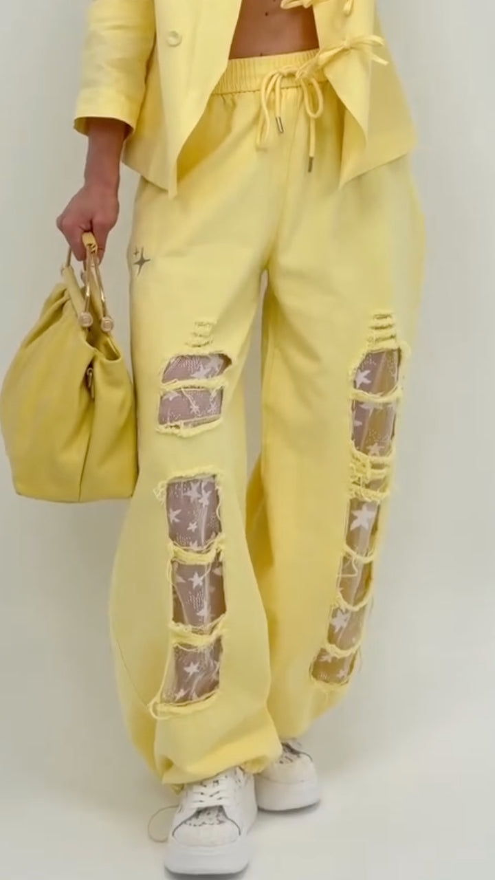 Frog‑Button Blazer & Distressed Wide Leg Pants Co‑Ord Set