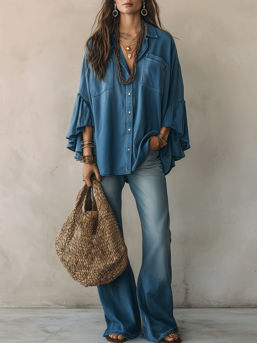 Effortless Chic Chambray Drop-Shoulder Flare-Sleeve Denim Blue Blouse