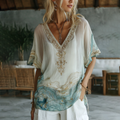 Vintage Marble Texture Collection Retro Bohemia Women Style Gradient Gilded Pattern Linen Round Neck T-shirt