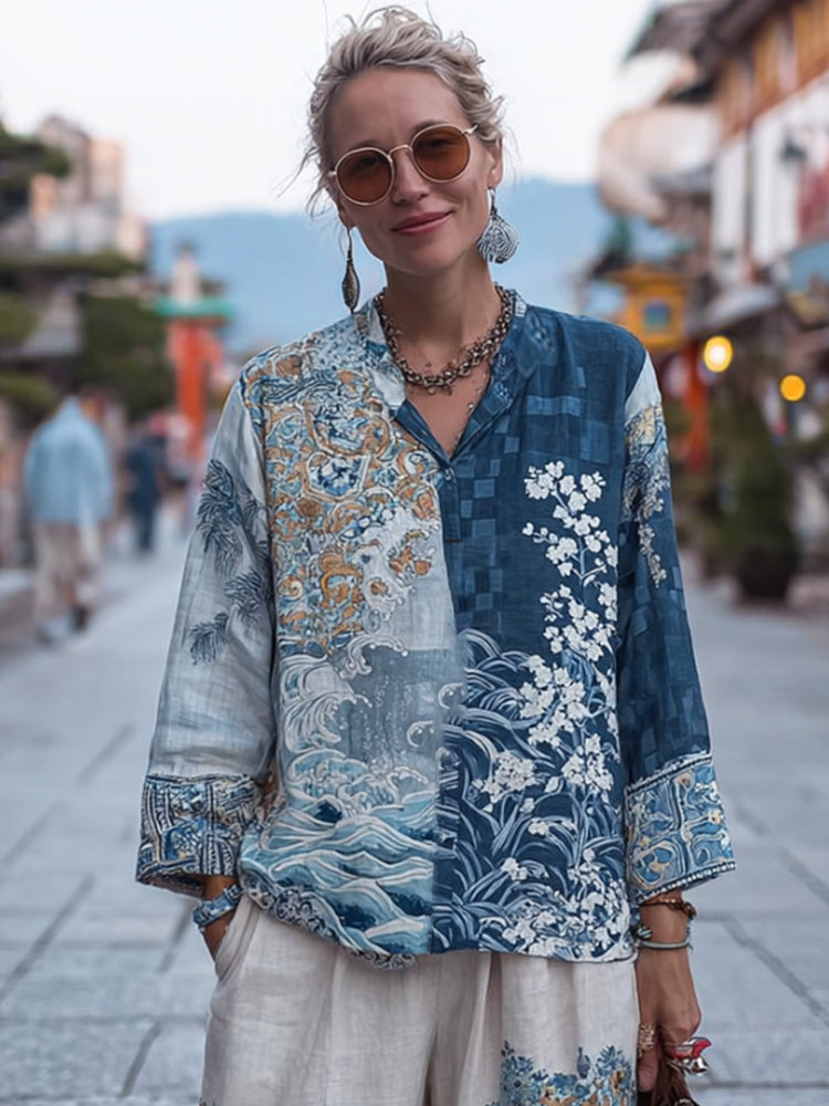 Vintage Japanese Traditional Embroidery Floral Patchwork Art Printed Linen Top