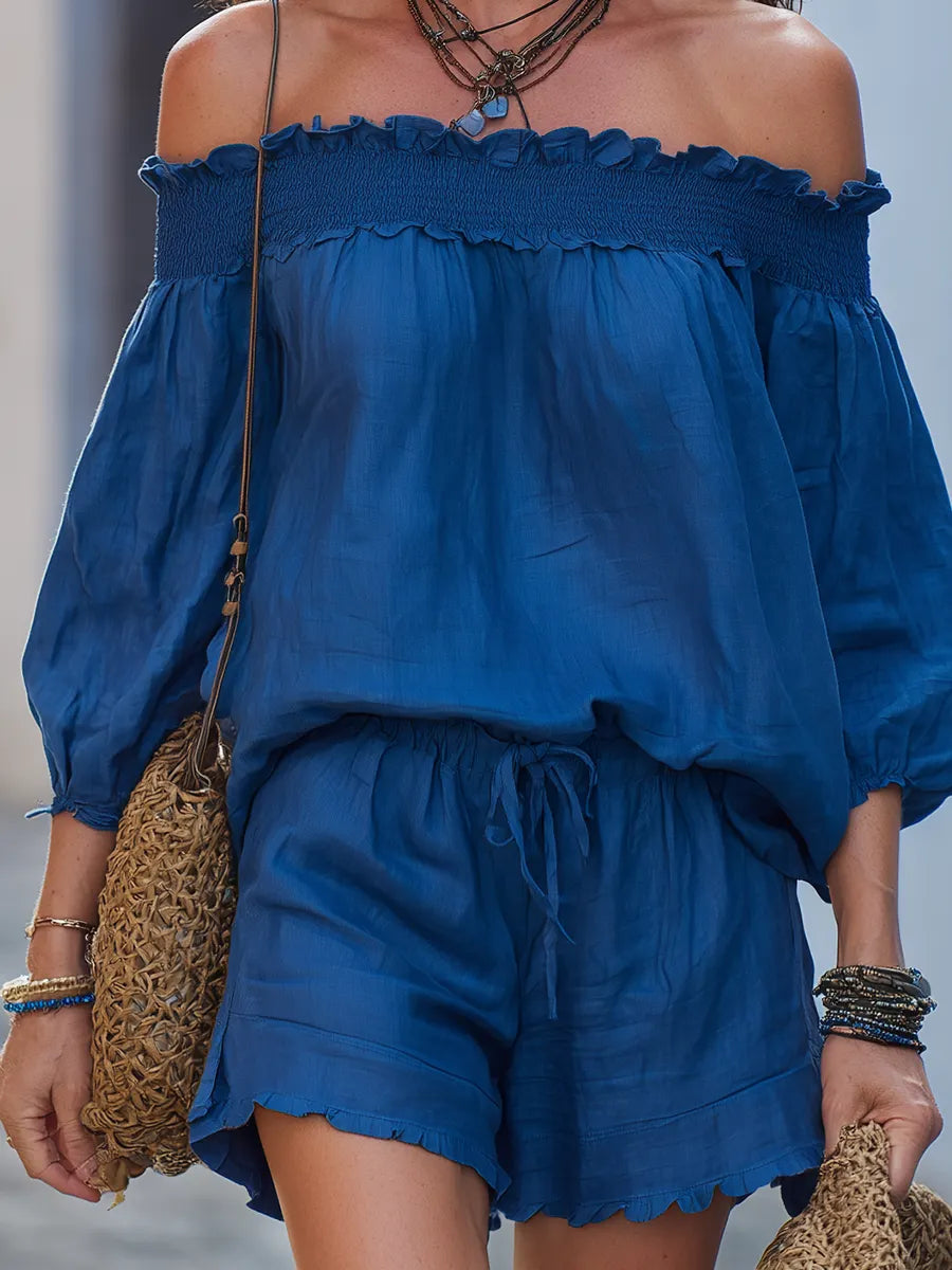 Royal Blue Off-Shoulder Lantern Sleeve Top Shorts Set
