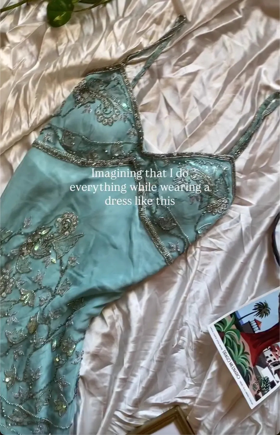 Mint Green Beaded Floral Spaghetti Strap Midi Dress