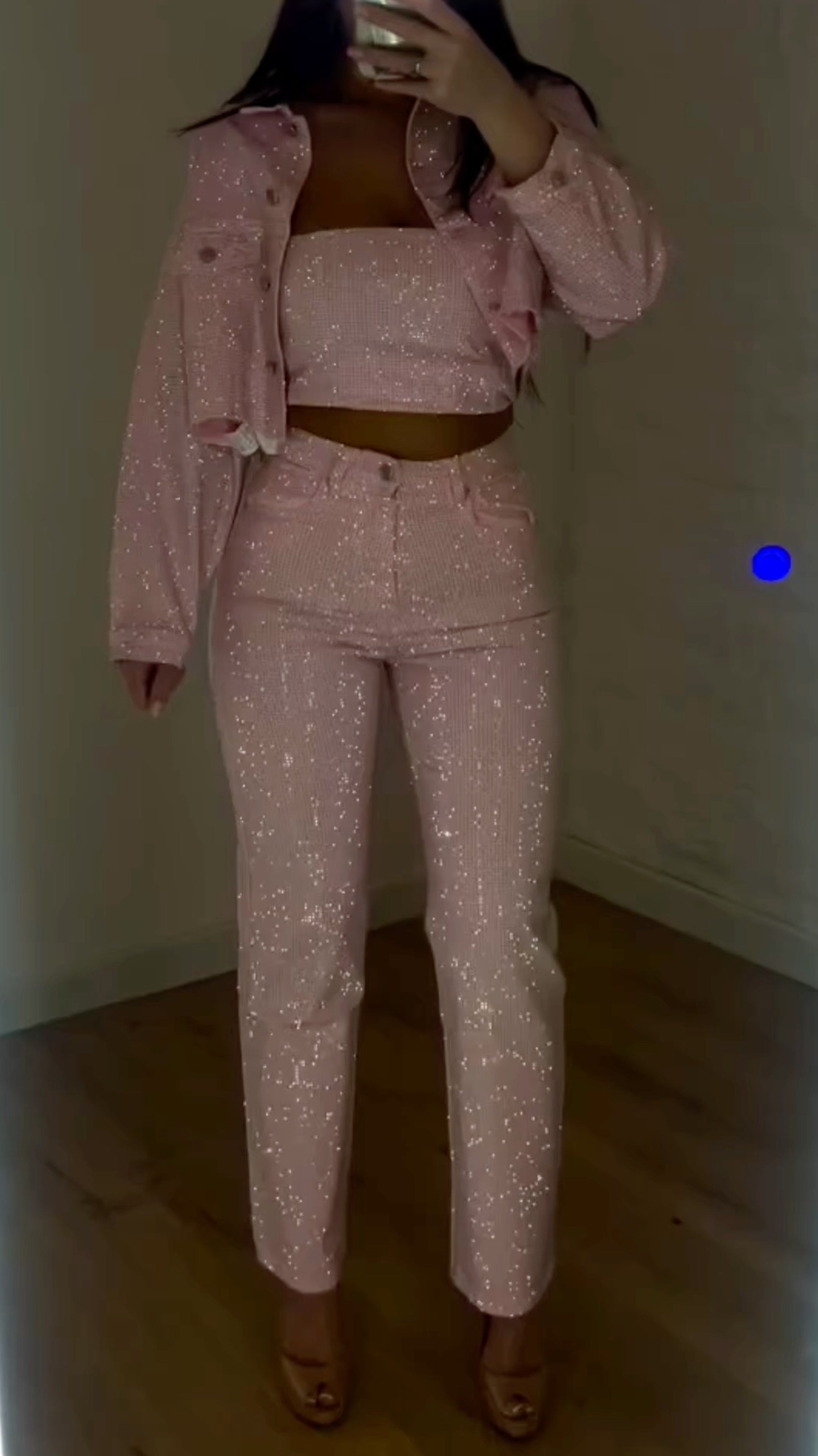 Rhinestone Embellished Denim Crop Top Shorts Three Piece Set